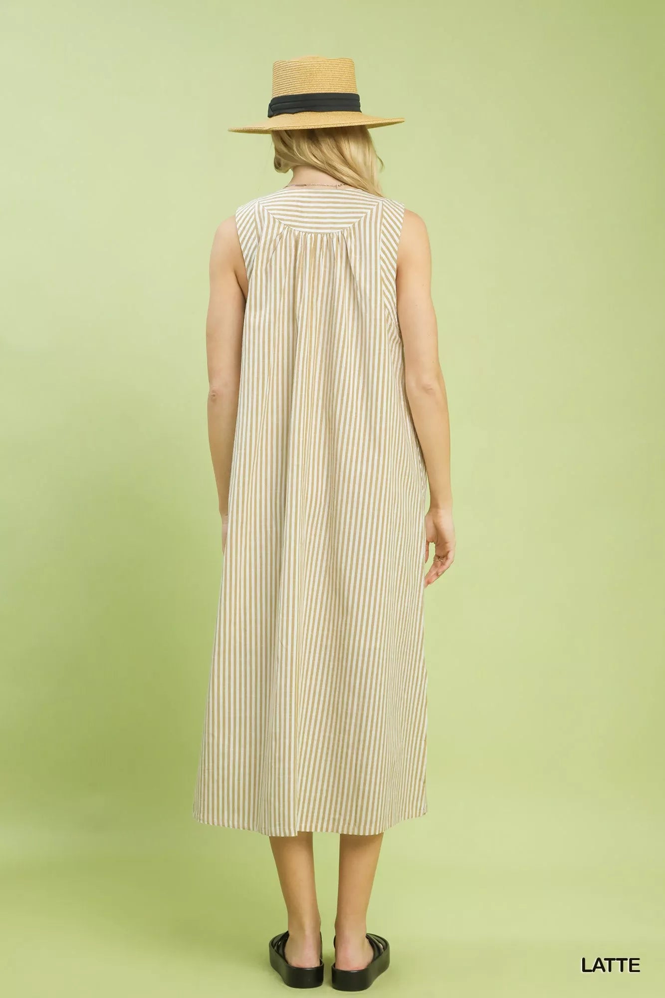 Chevron Stripe Sleeveless Midi Dress in Latte
