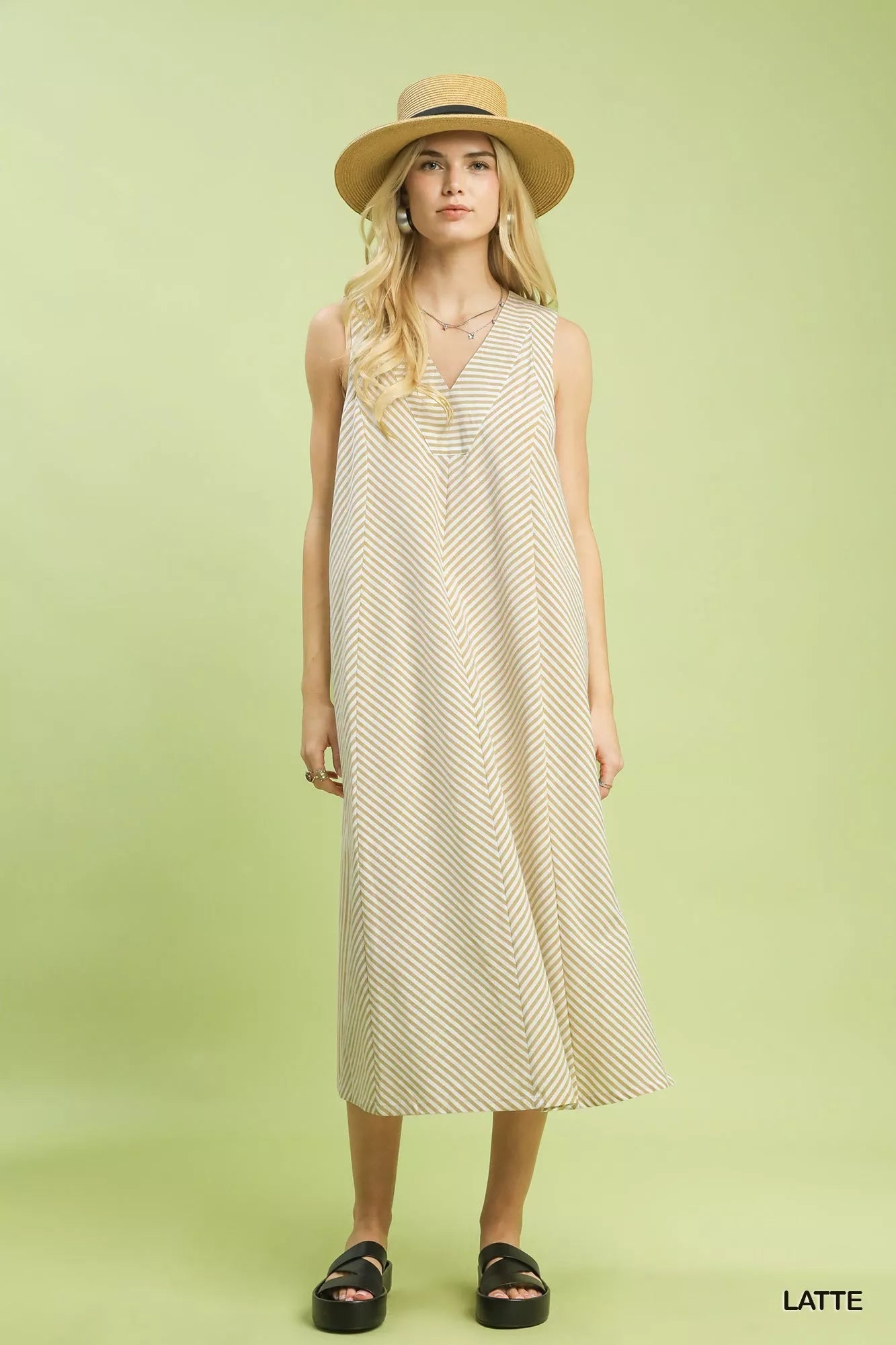 Chevron Stripe Sleeveless Midi Dress in Latte