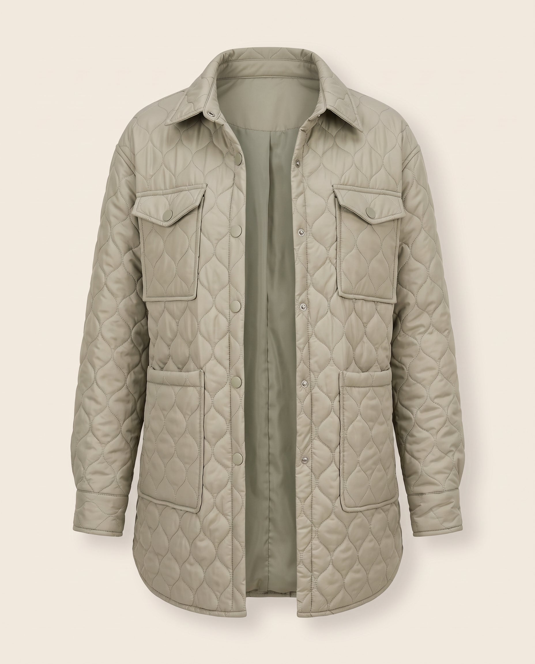 quilted snap-down collared jacket, front view