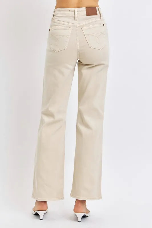 High Waist Distressed Wide Leg Jeans in Bone