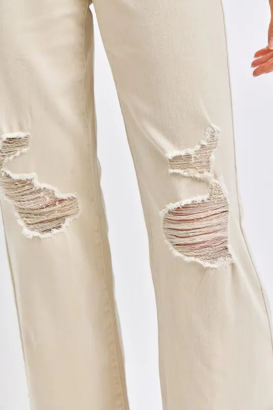 High Waist Distressed Wide Leg Jeans in Bone