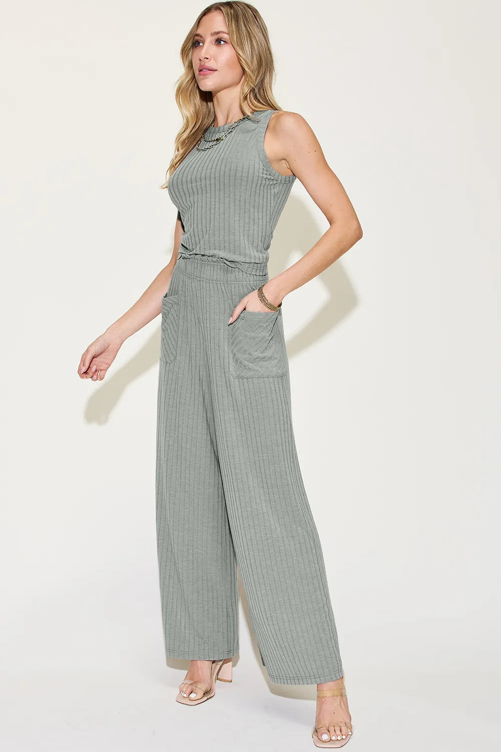 Ribbed Tank and Wide Leg Pants Set in Gray
