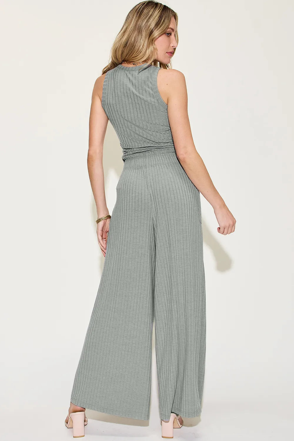 Ribbed Tank and Wide Leg Pants Set in Gray