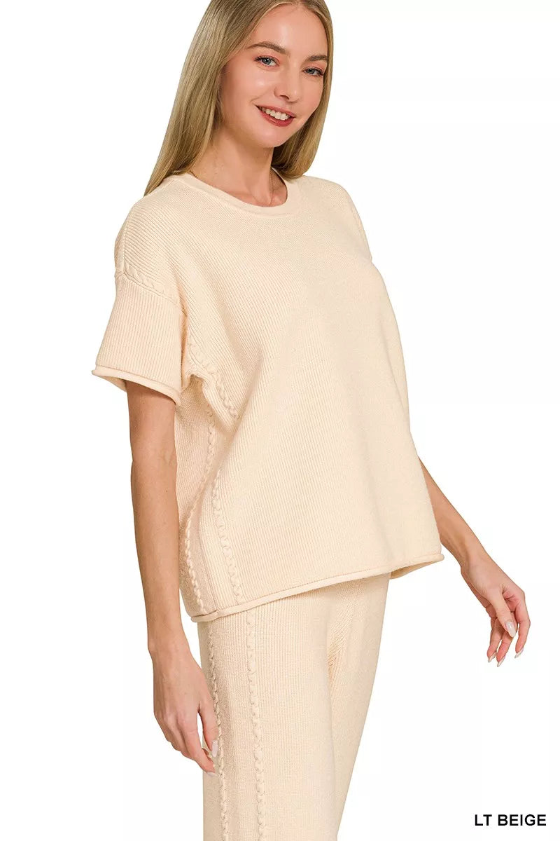 Viscose Round Neck Top and Pants Set in Light Beige 04