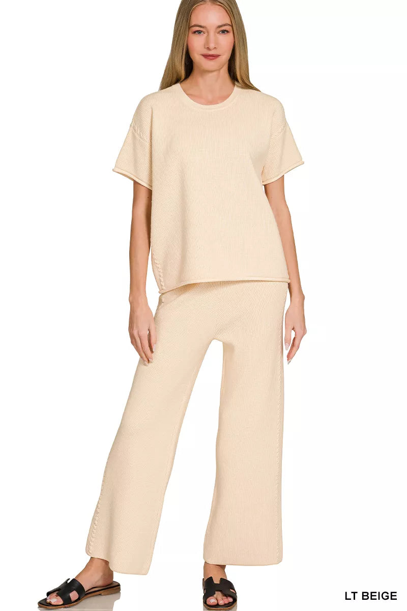 Viscose Round Neck Top and Pants Set in Light Beige