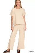 Viscose Round Neck Top and Pants Set in Light Beige