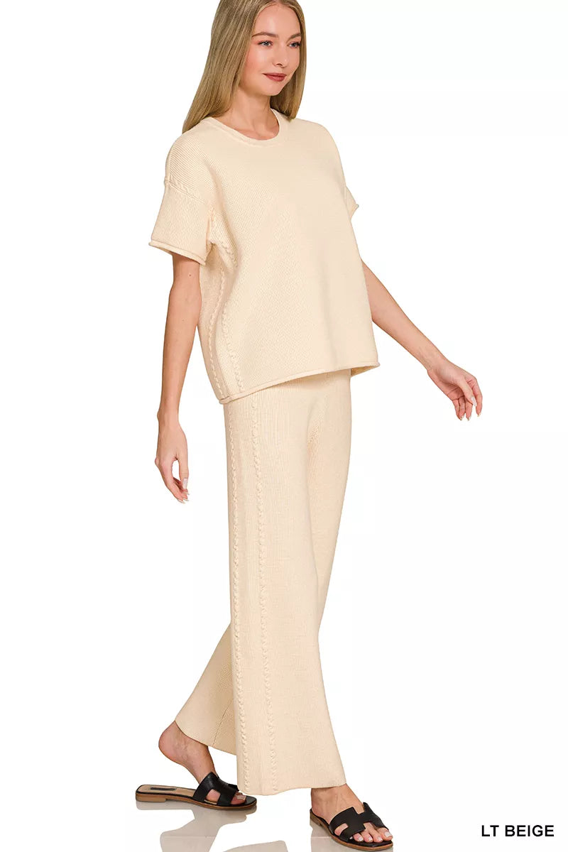 Viscose Round Neck Top and Pants Set in Light Beige
