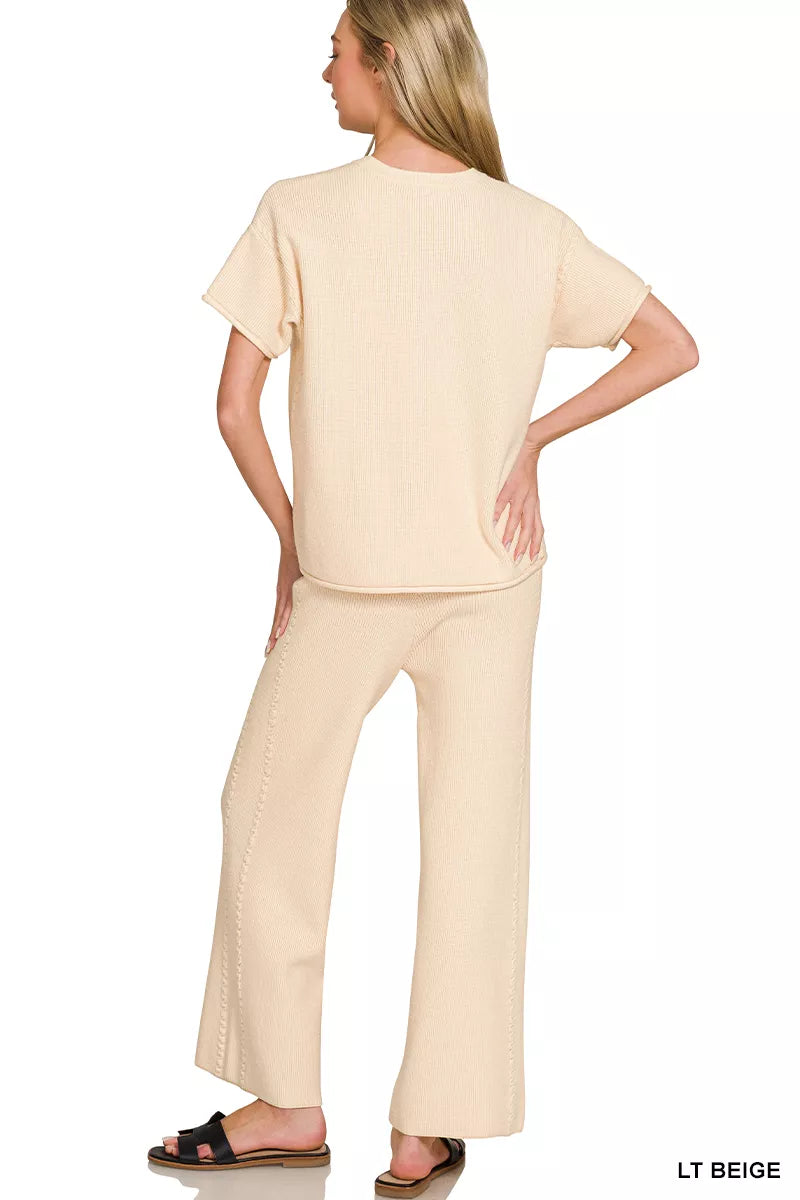 Viscose Round Neck Top and Pants Set in Light Beige