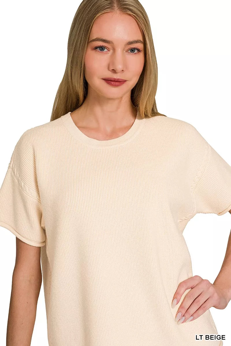 Viscose Round Neck Top and Pants Set in Light Beige