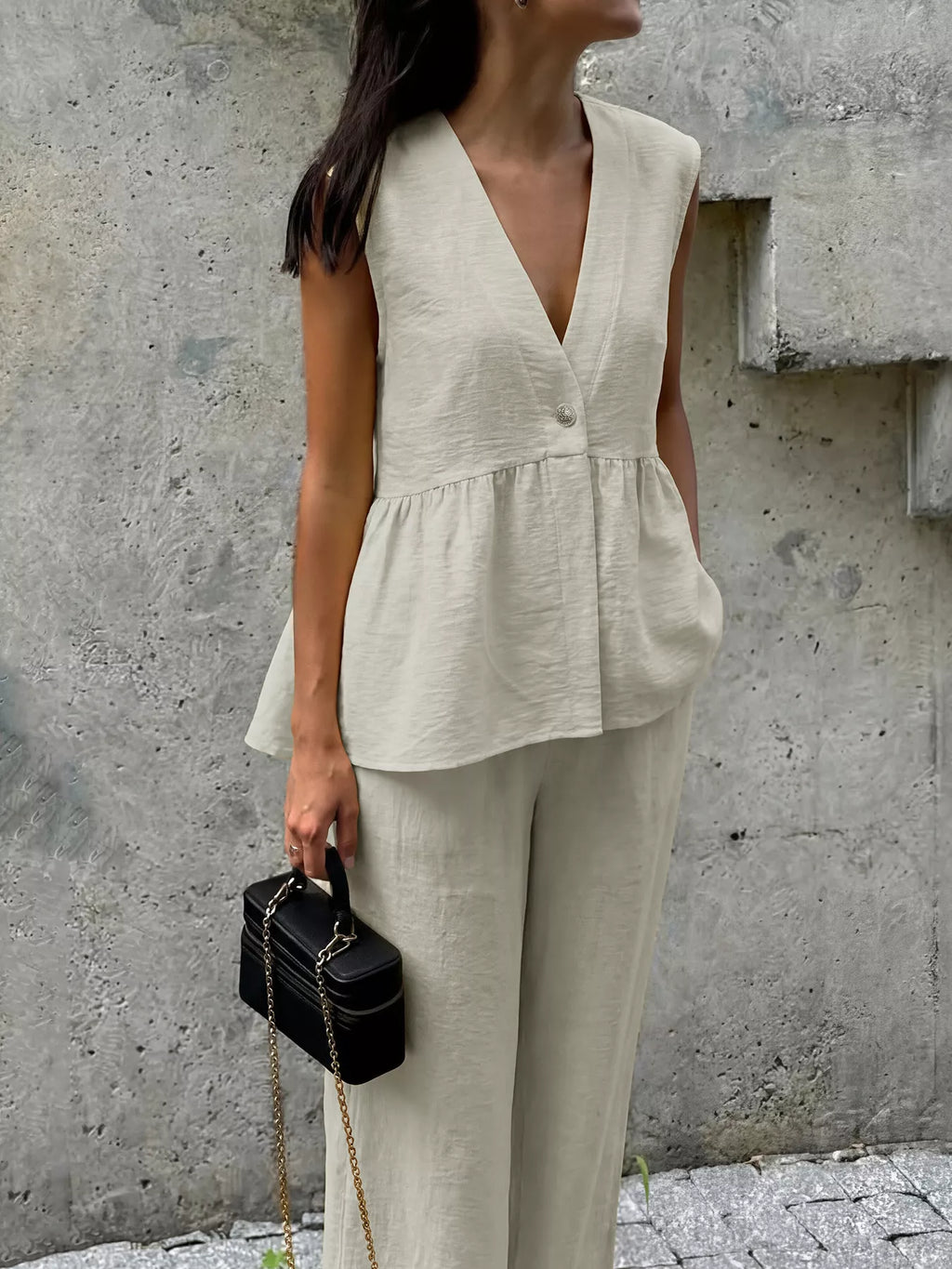 Button top and wide leg pants set