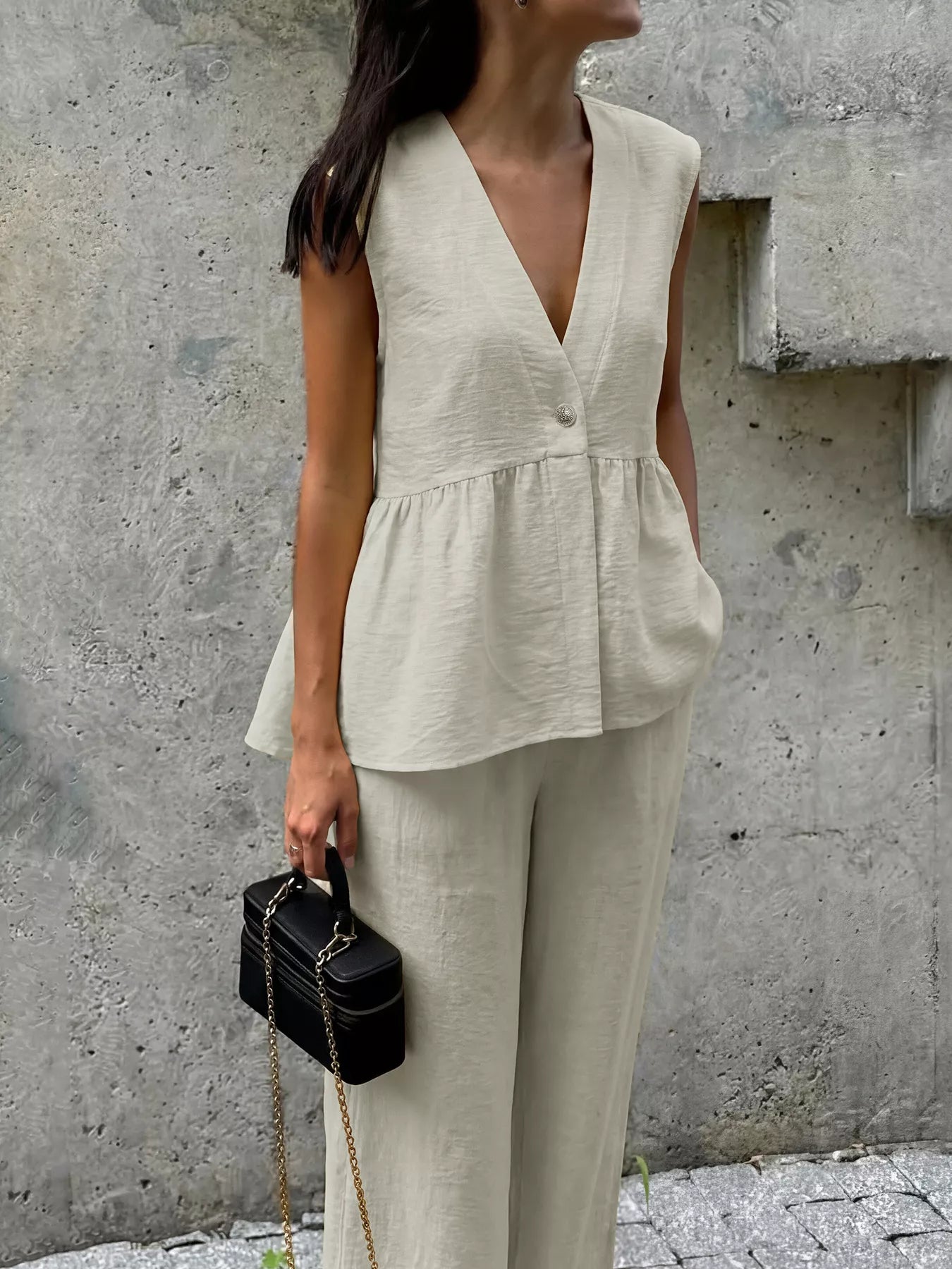 Button top and wide leg pants set
