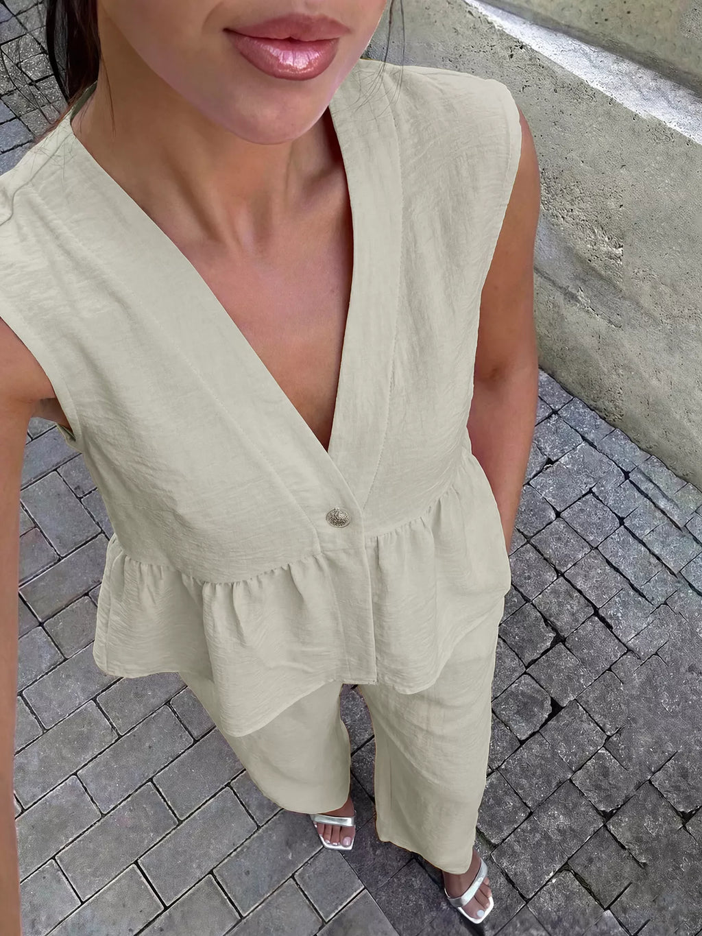 Button top and wide leg pants set