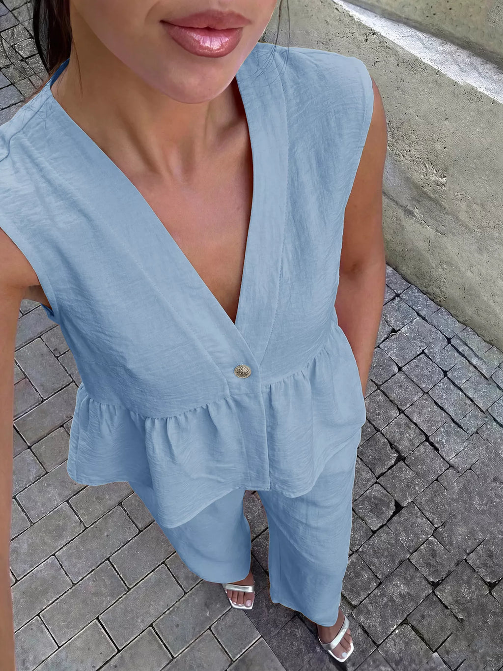 Button top and wide leg pants set