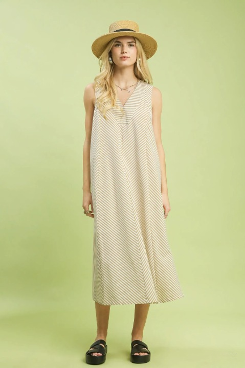 Chevron stripe sleeveless midi dress in latte
