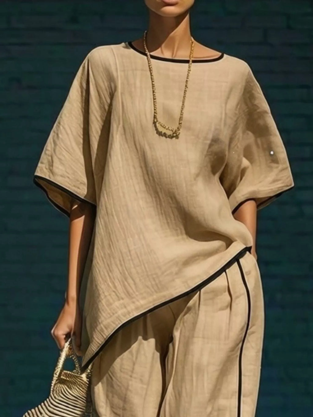 Contrast trim round neck top and pants set