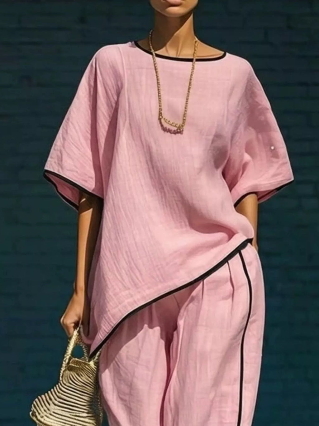 Contrast trim round neck top and pants set