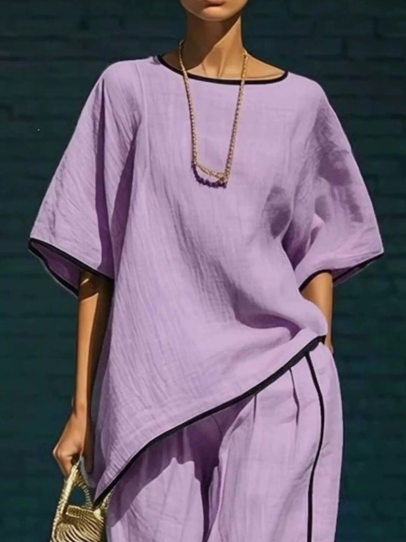 Contrast trim round neck top and pants set