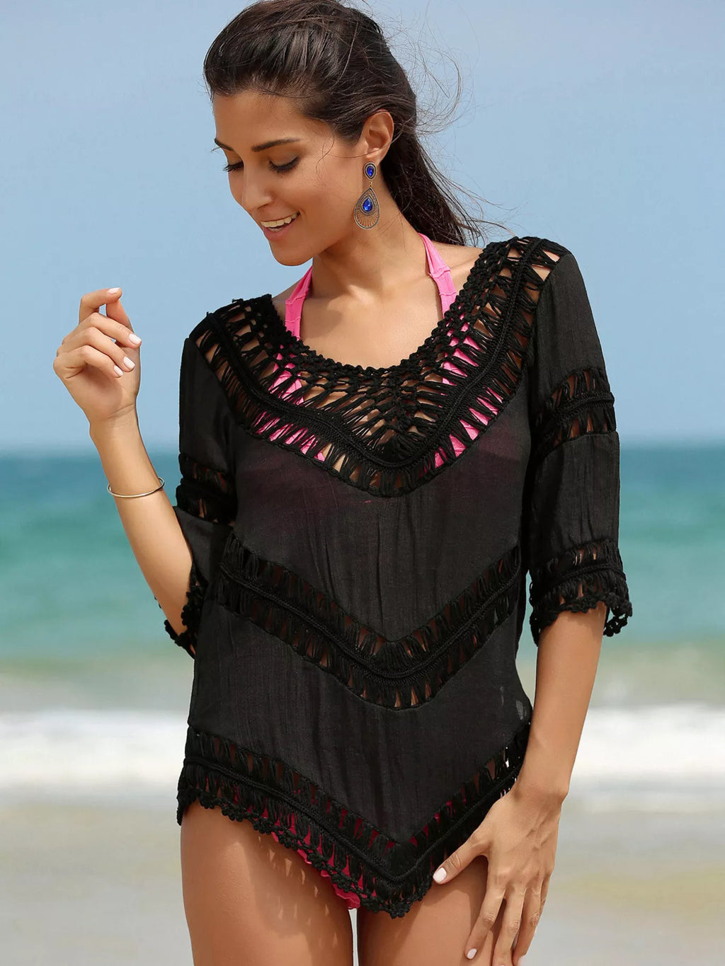 Crochet trim v-neck cover-up