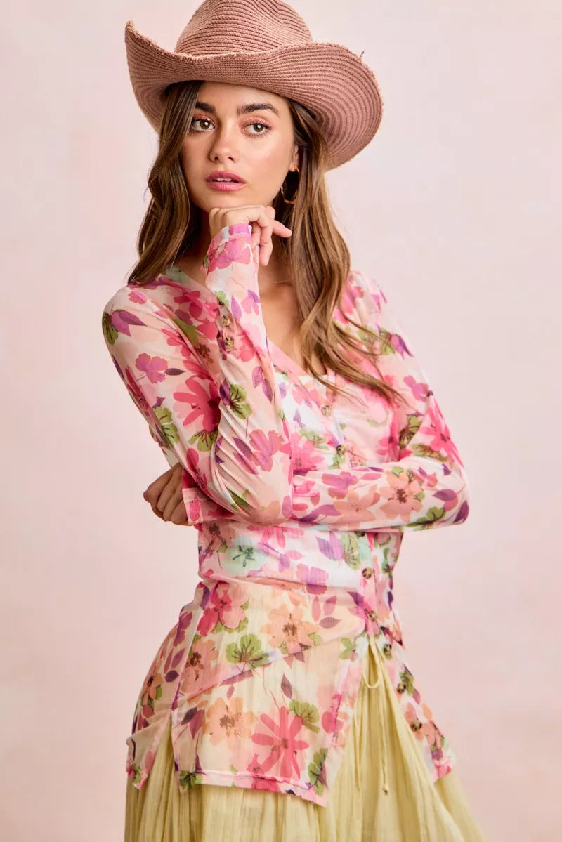 Floral mesh button-up top in pink