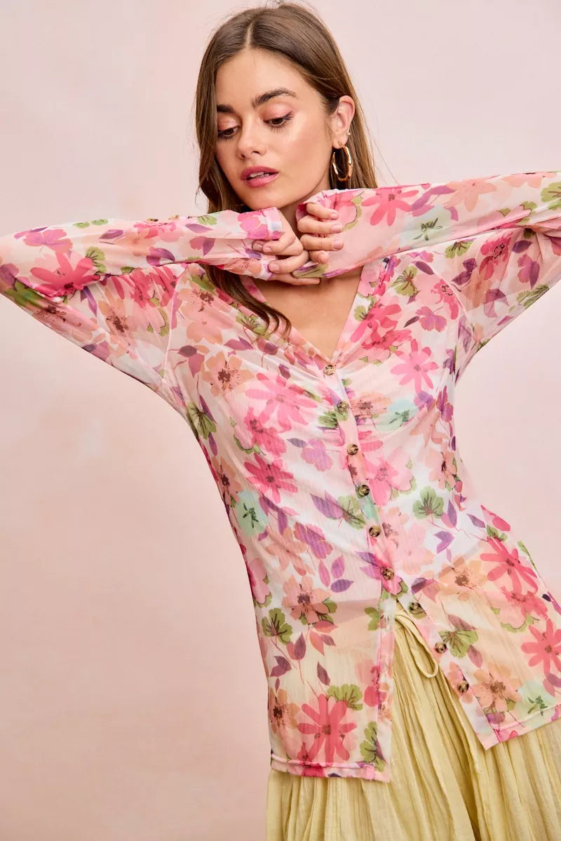 Floral mesh button-up top in pink