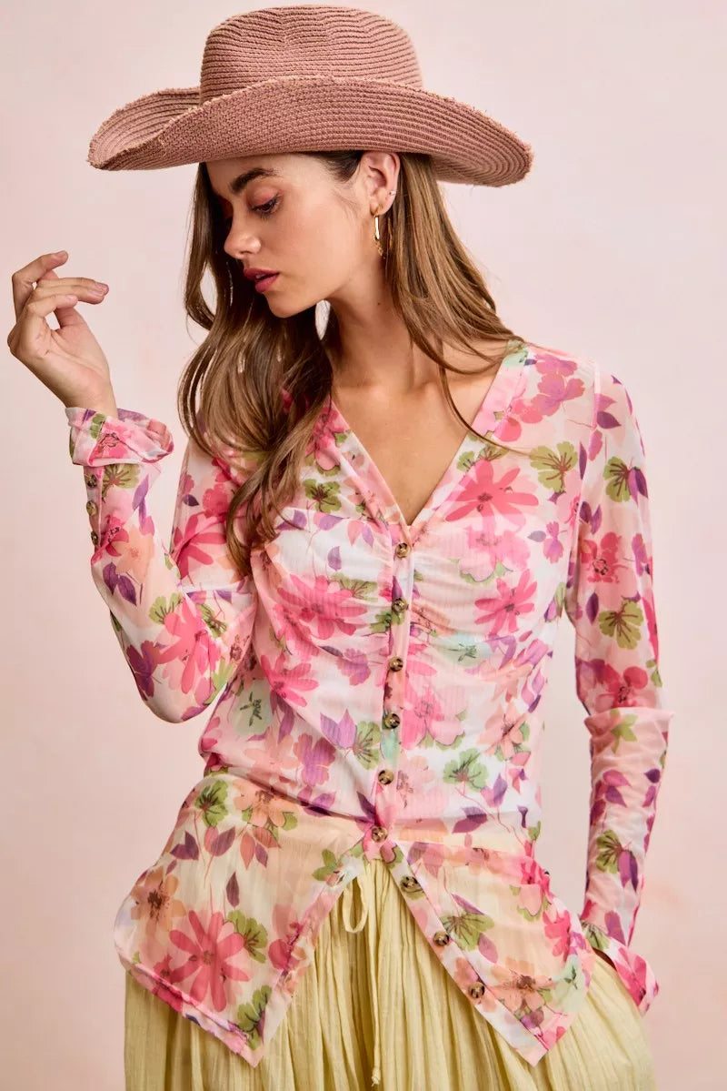 Floral mesh button-up top in pink