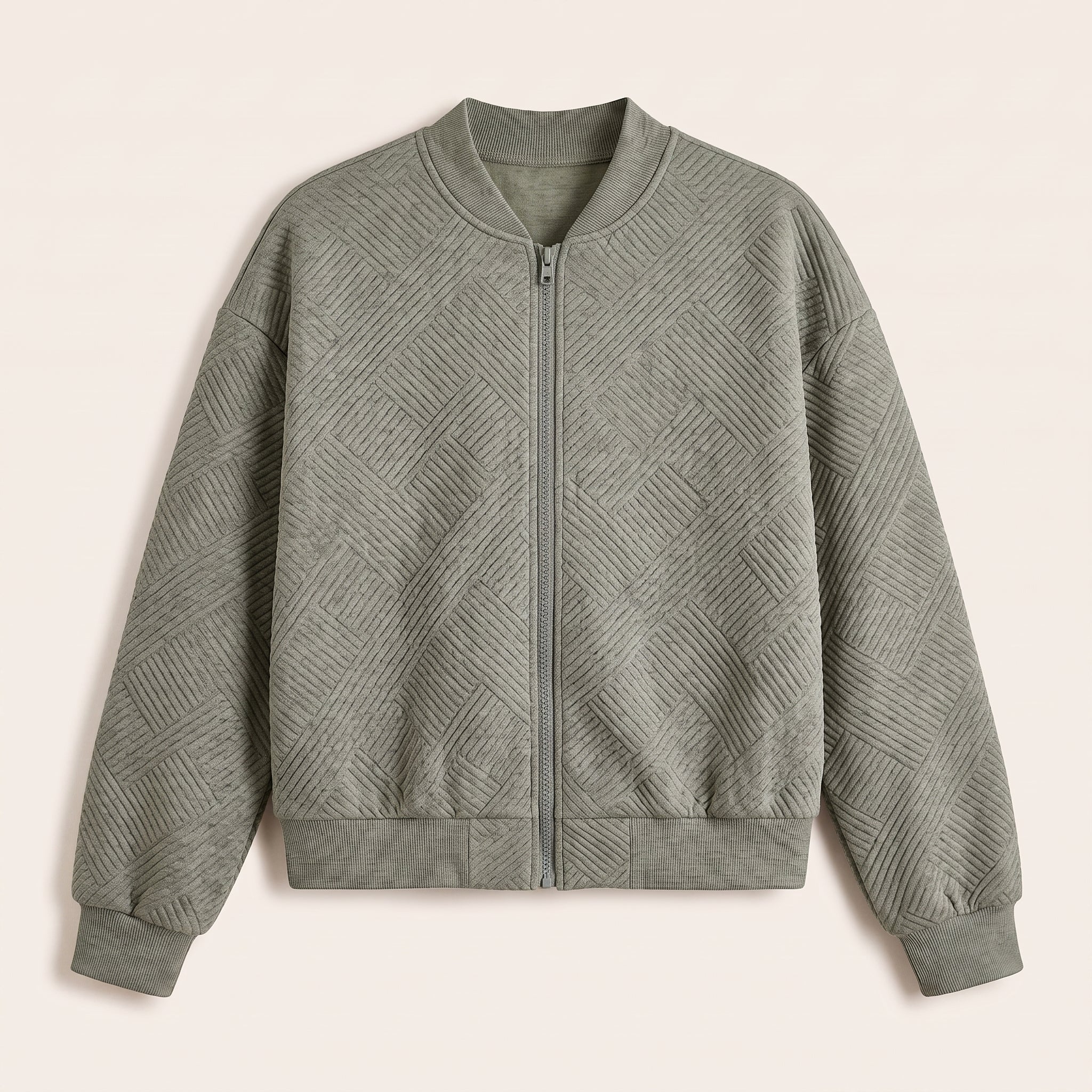 Army green textured knit zip-up jacket, front view
