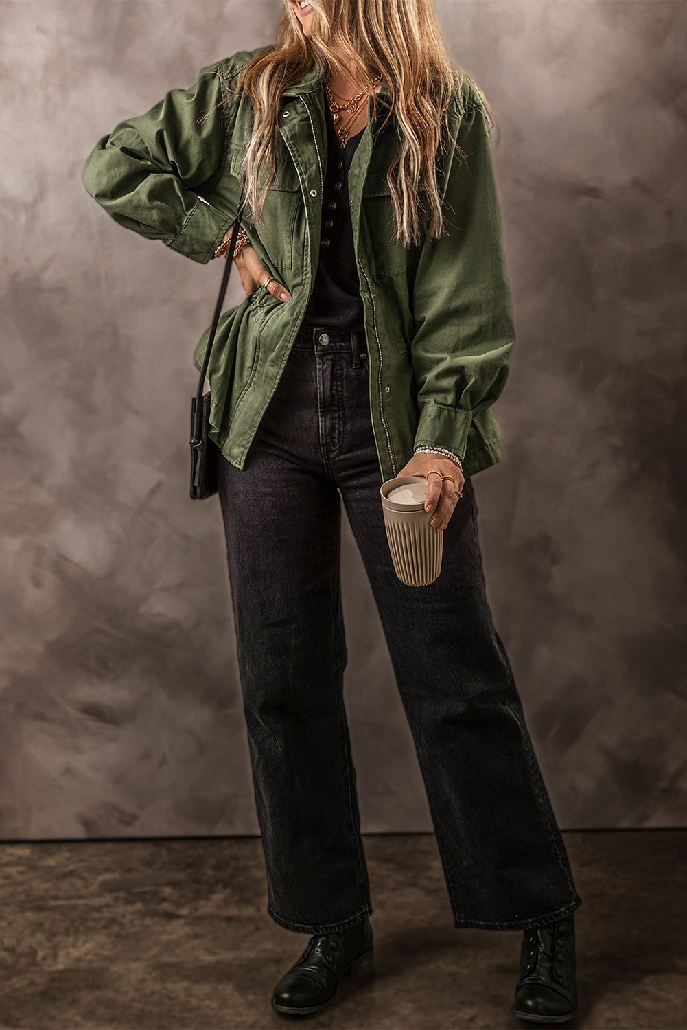 Army green zip-up long sleeve jacket