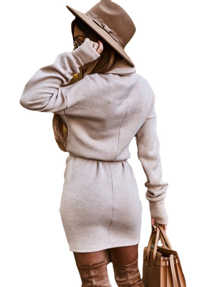 Lilagrey Belted Knit Mini Dress in beige, back view