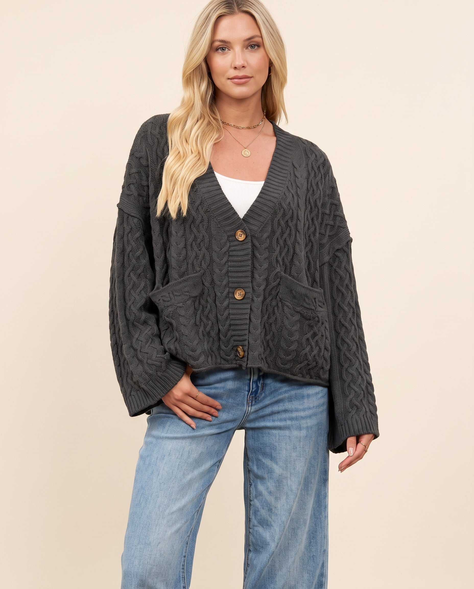 Black cable knit cardigan, wears on white top