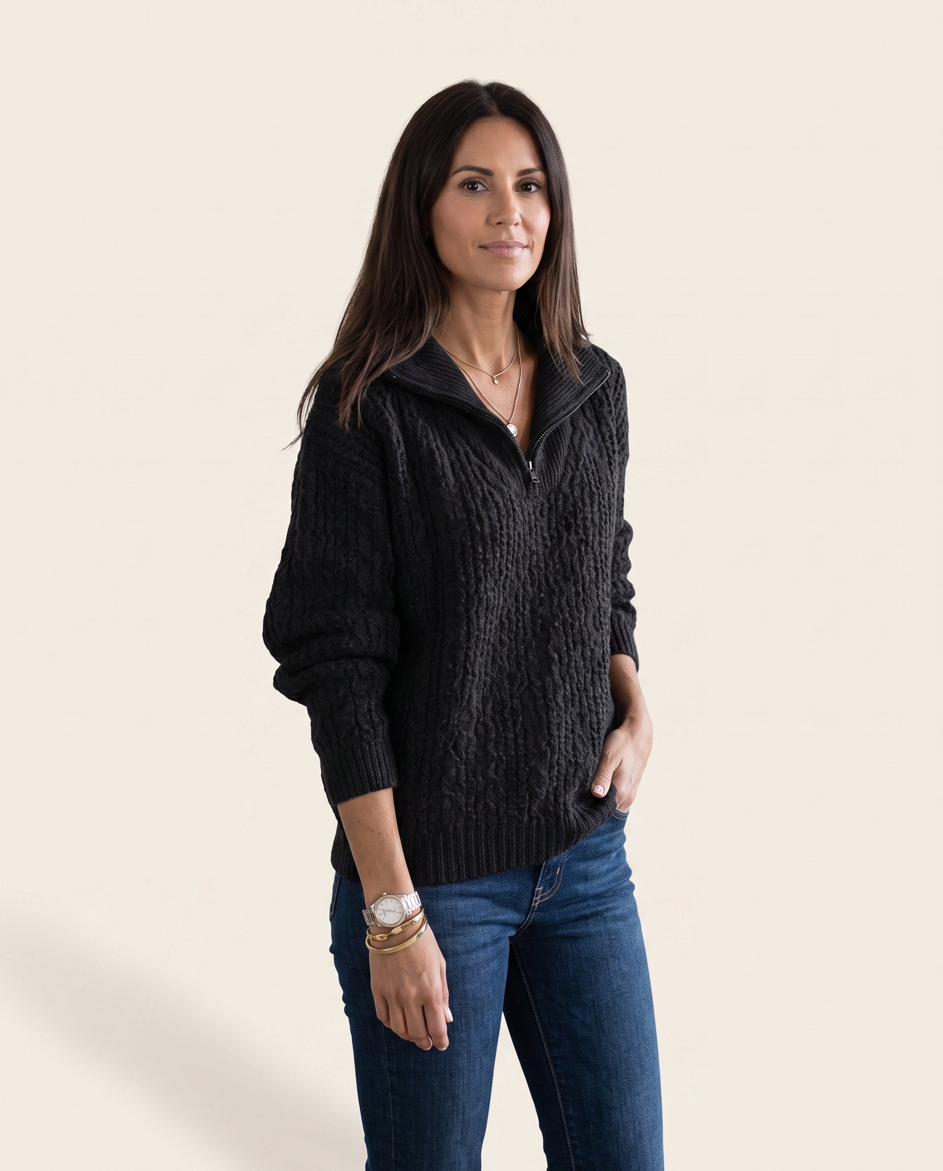 Black half-zip textured sweater, front view