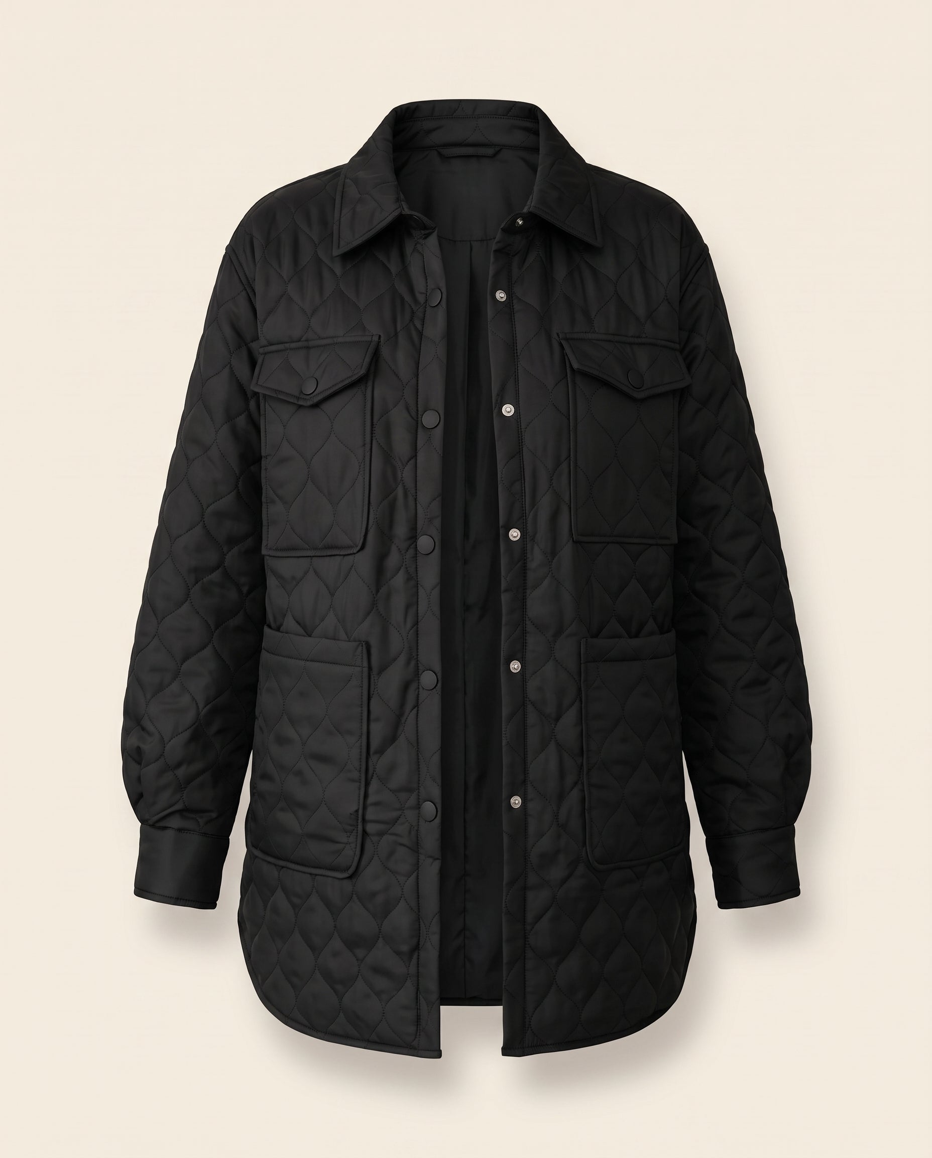 quilted snap-down collared jacket, front view