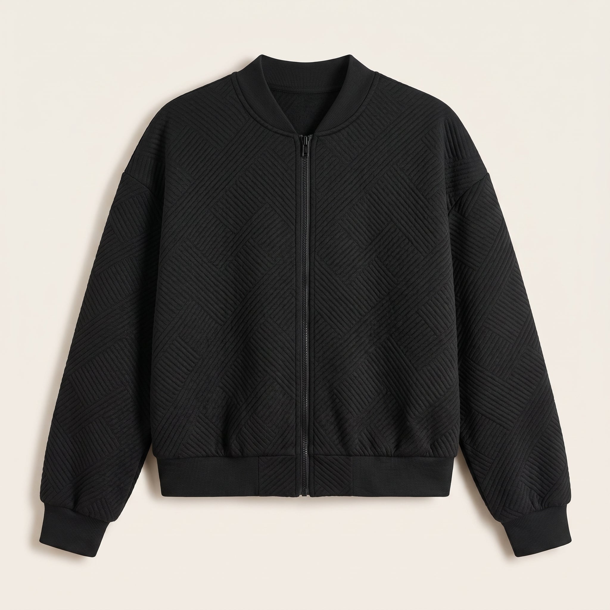 Black textured knit zip-up jacket, front view