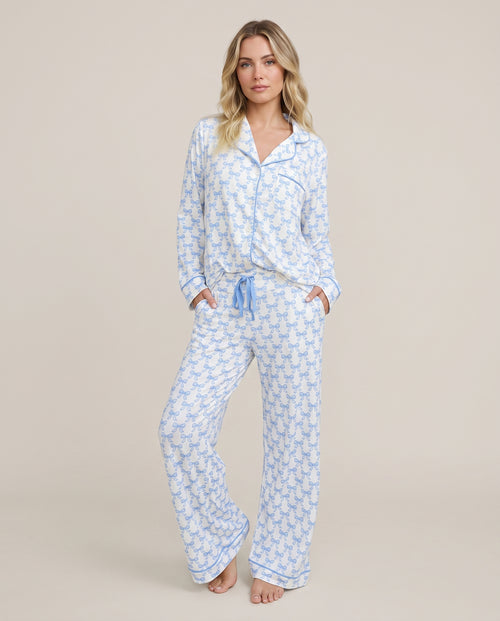 Light blue bow print long sleeve pajama top and matching pants
