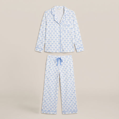 Light blue bow print long sleeve pajama top and matching pants