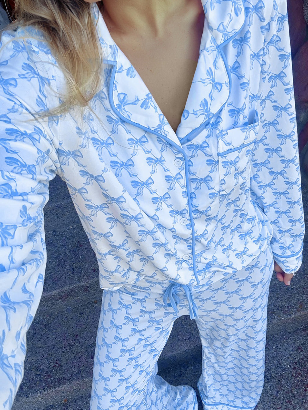 Light blue bow print long sleeve pajama top and matching pants