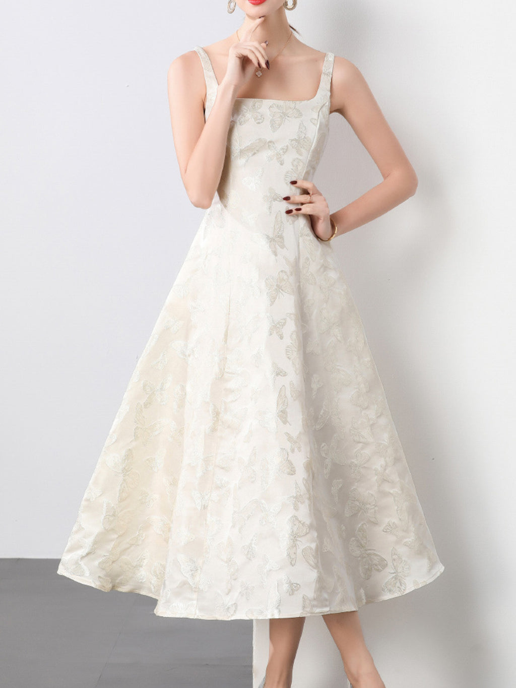 White brocade butterfly pattern A-line sleeveless midi dress - Lilagrey