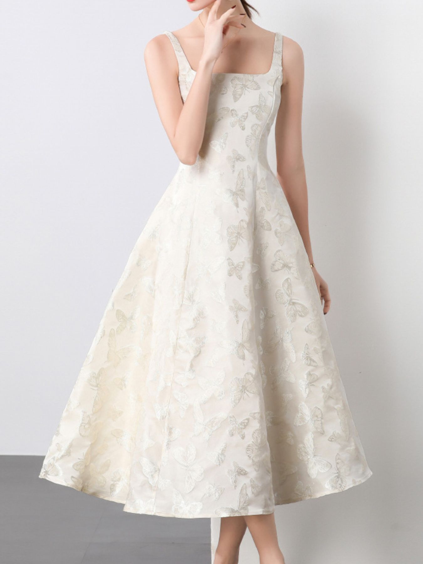 White brocade butterfly pattern A-line sleeveless midi dress - Lilagrey