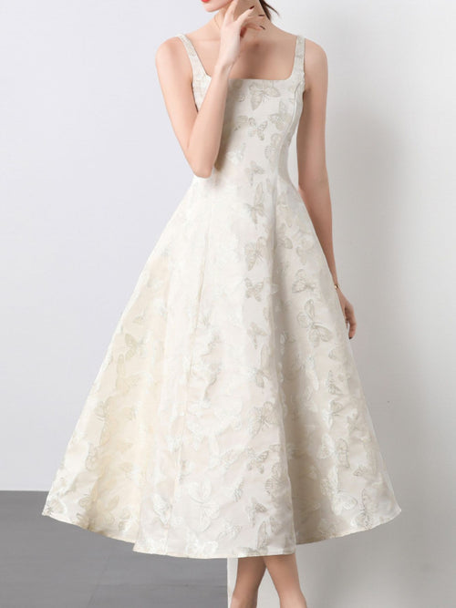 White brocade butterfly pattern A-line sleeveless midi dress - Lilagrey