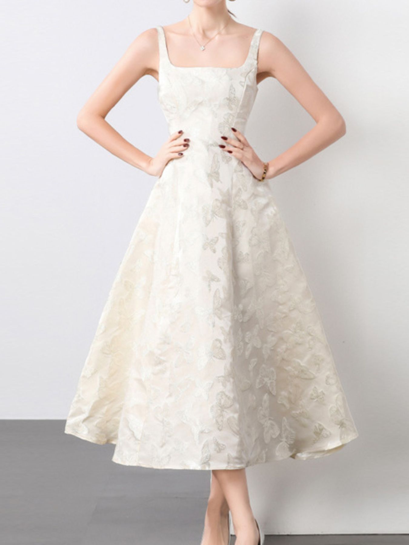 White brocade butterfly pattern A-line sleeveless midi dress - Lilagrey