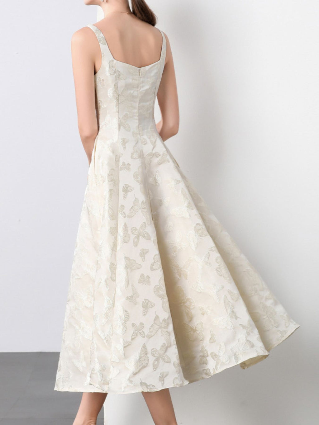 White brocade butterfly pattern A-line sleeveless midi dress - Lilagrey