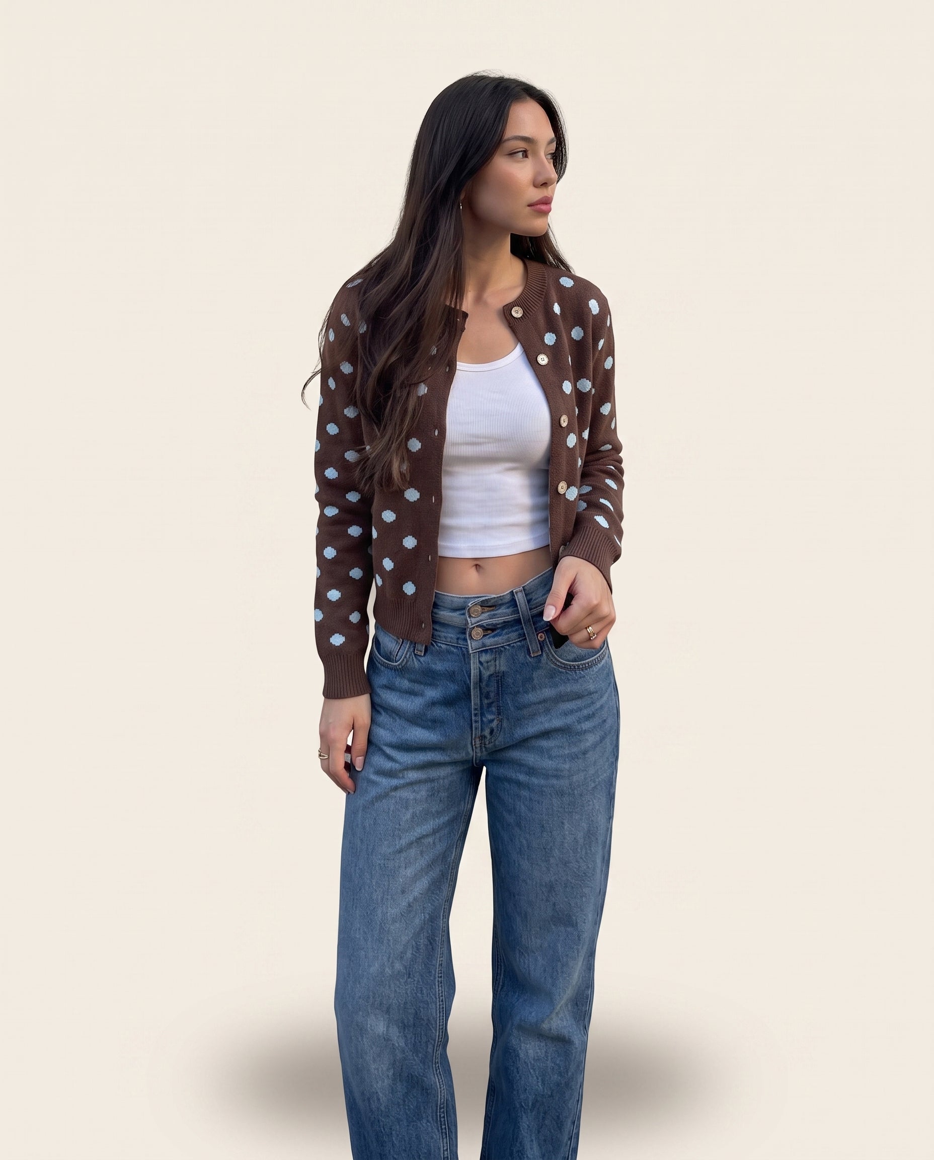 Brown polka dot button up cardigan, front view
