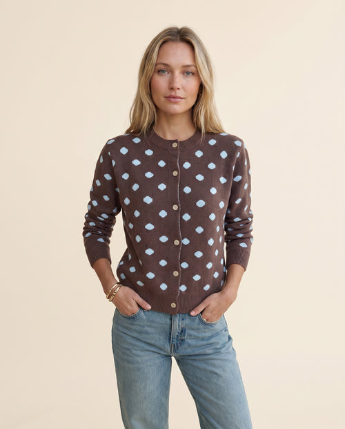 Brown polka dot button up cardigan, front view
