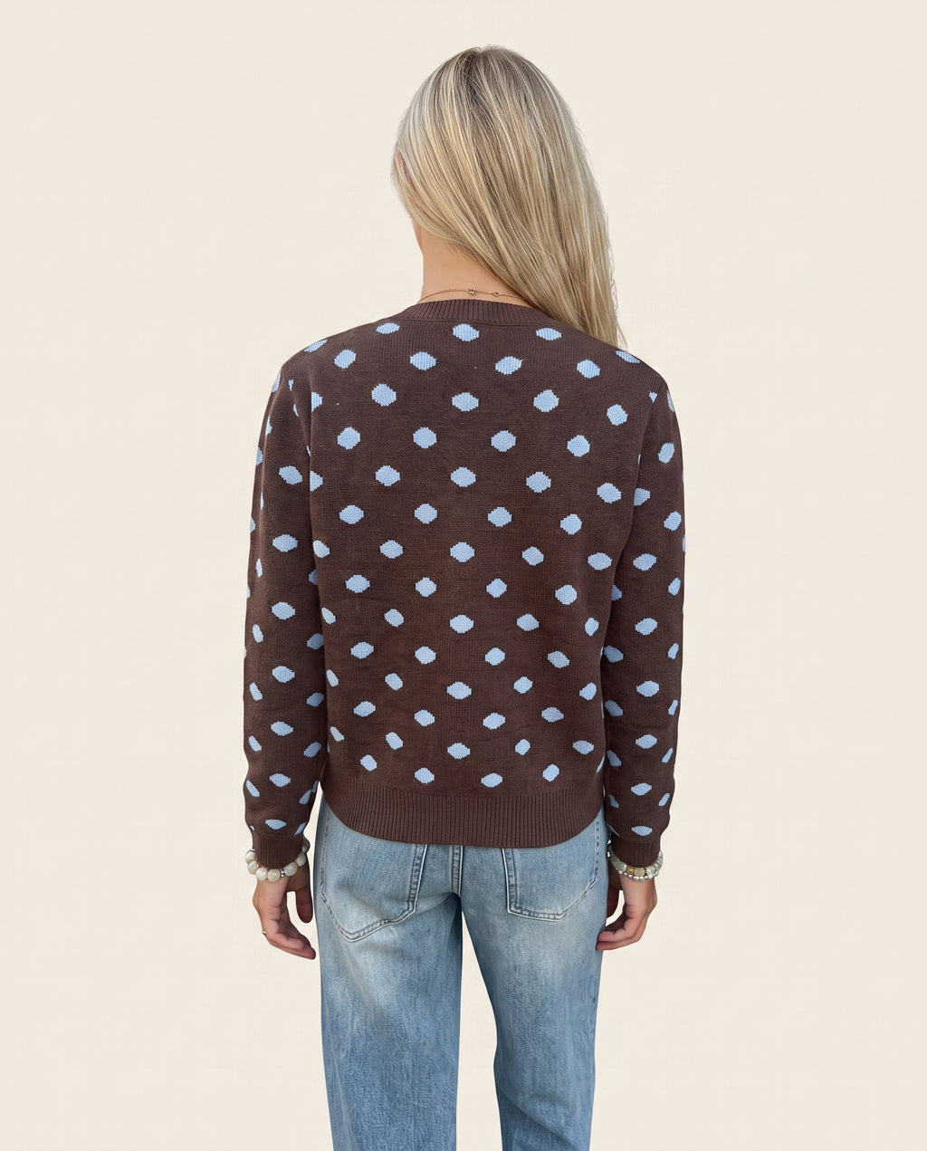 Brown polka dot button up cardigan, back view