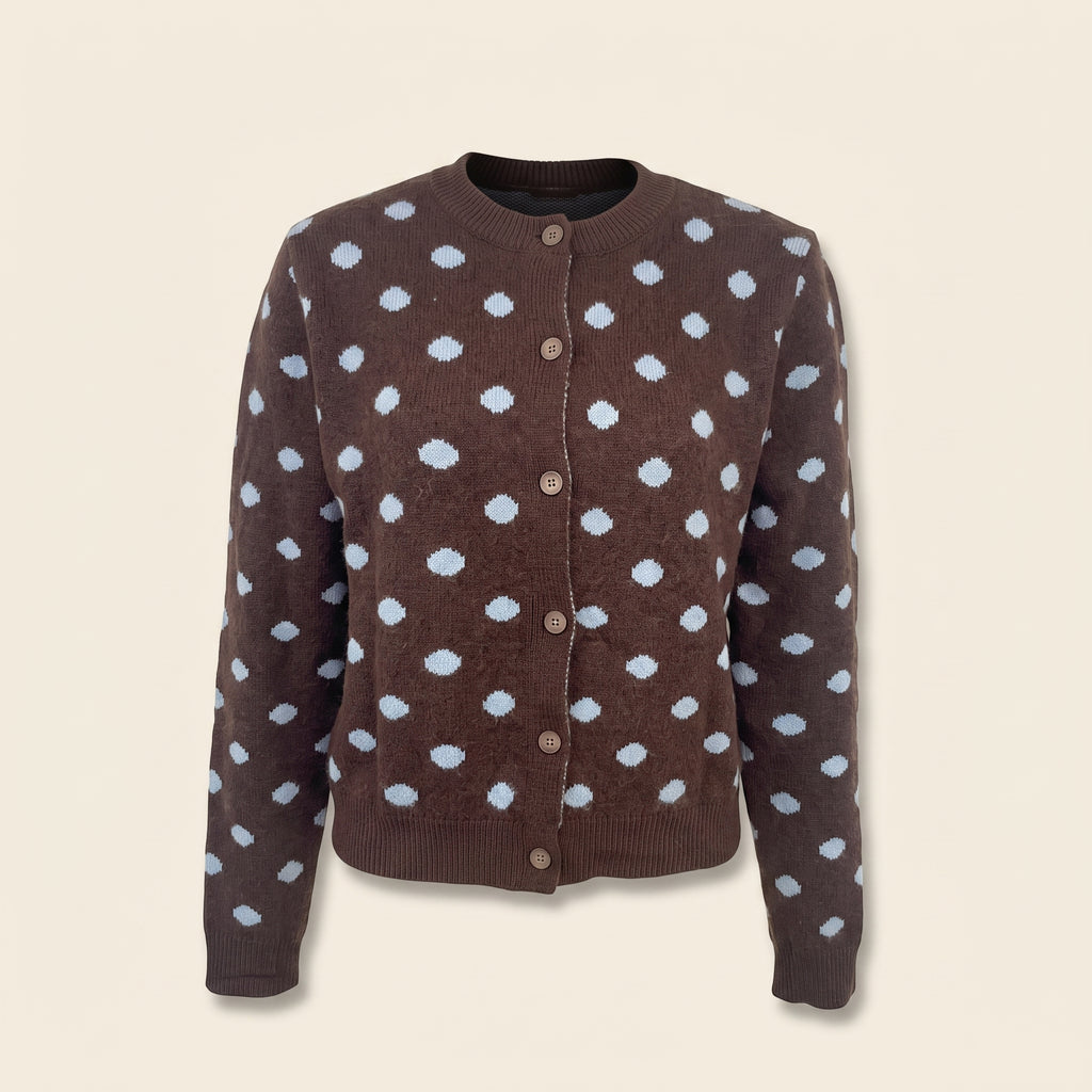 Brown polka dot button up cardigan, front view
