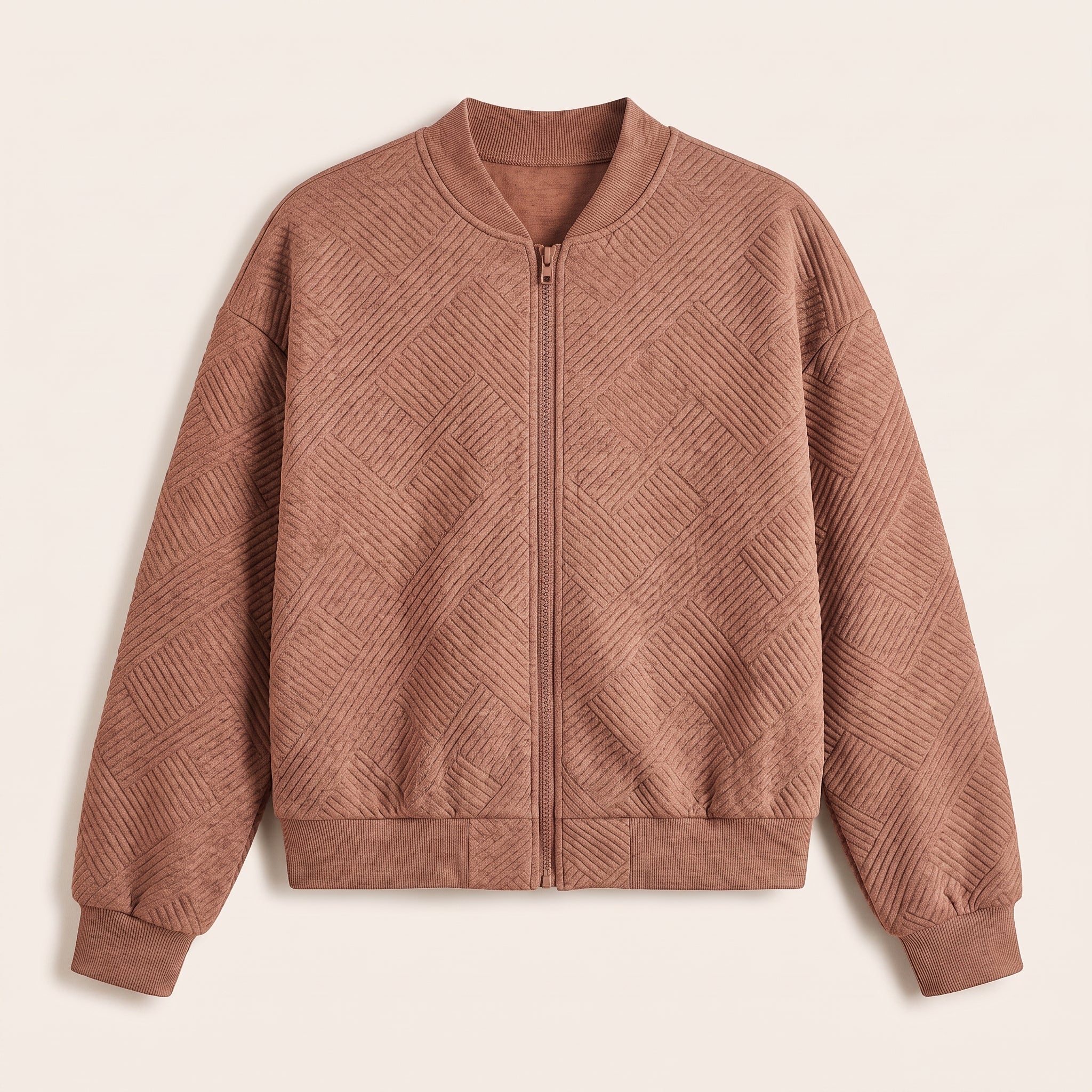 Brown textured knit zip-up jacket, front view
