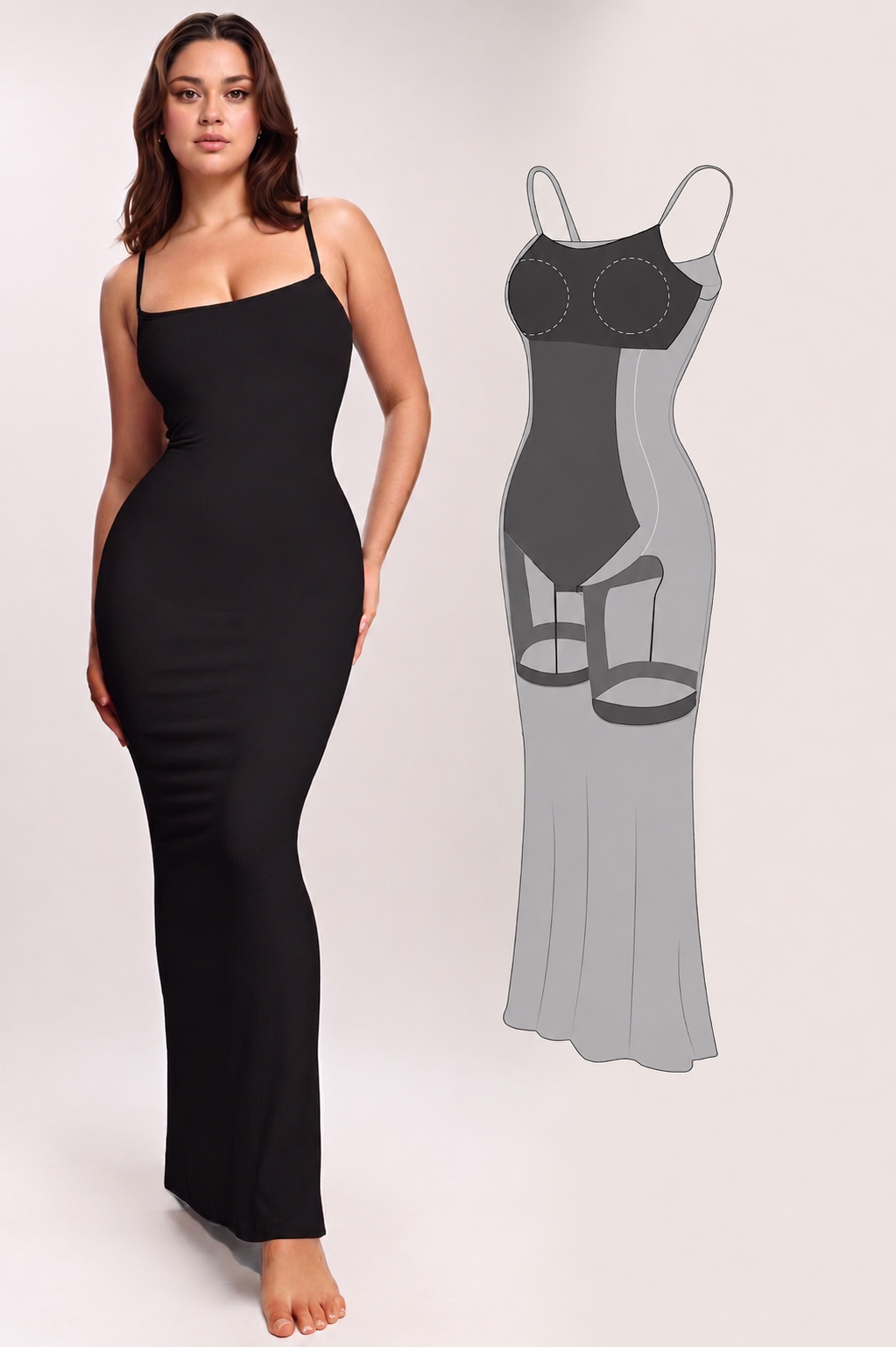 Black sleeveless bodycon maxi dress with built-in shapewear lining