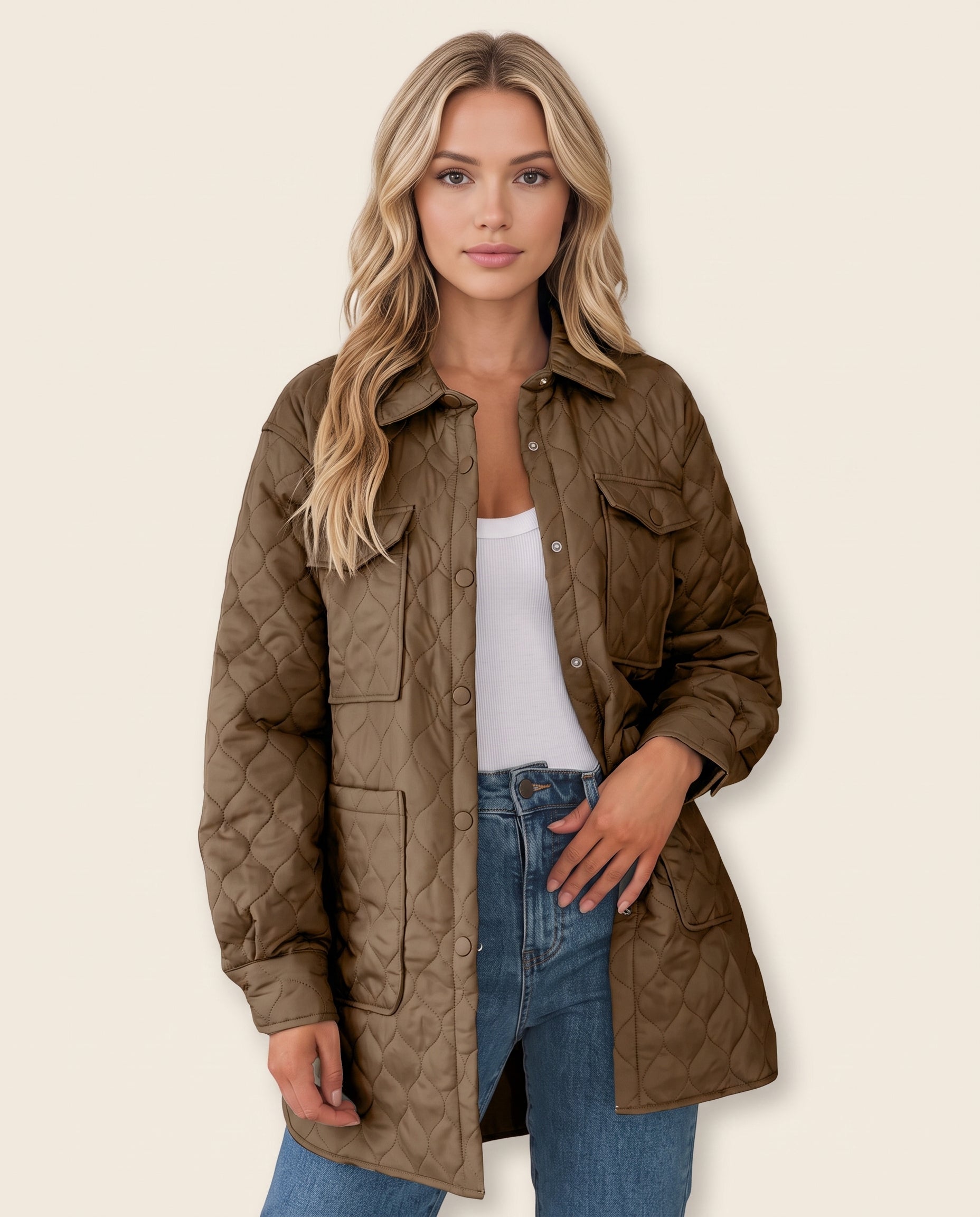 quilted snap-down collared jacket, front view
