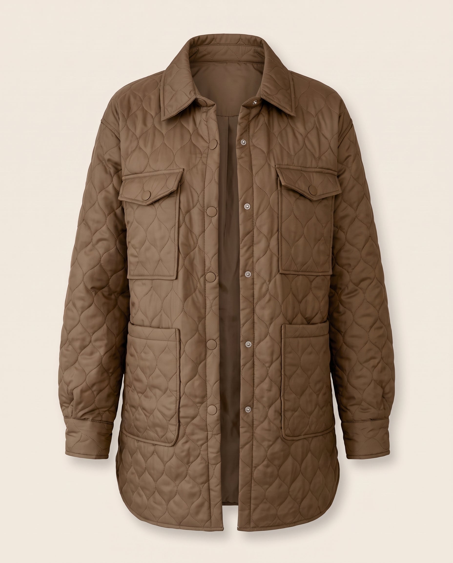 quilted snap-down collared jacket, front view