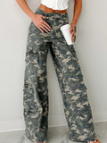 Green camouflage print wide leg cargo jeans