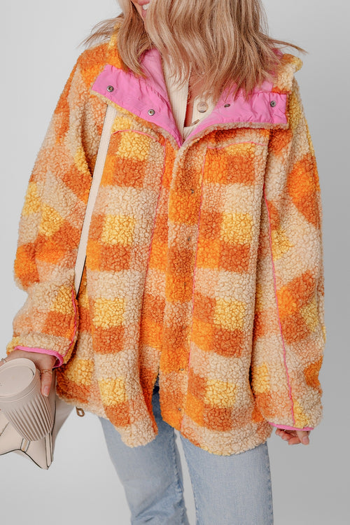 Orange and pink checkered sherpa hooded jacket